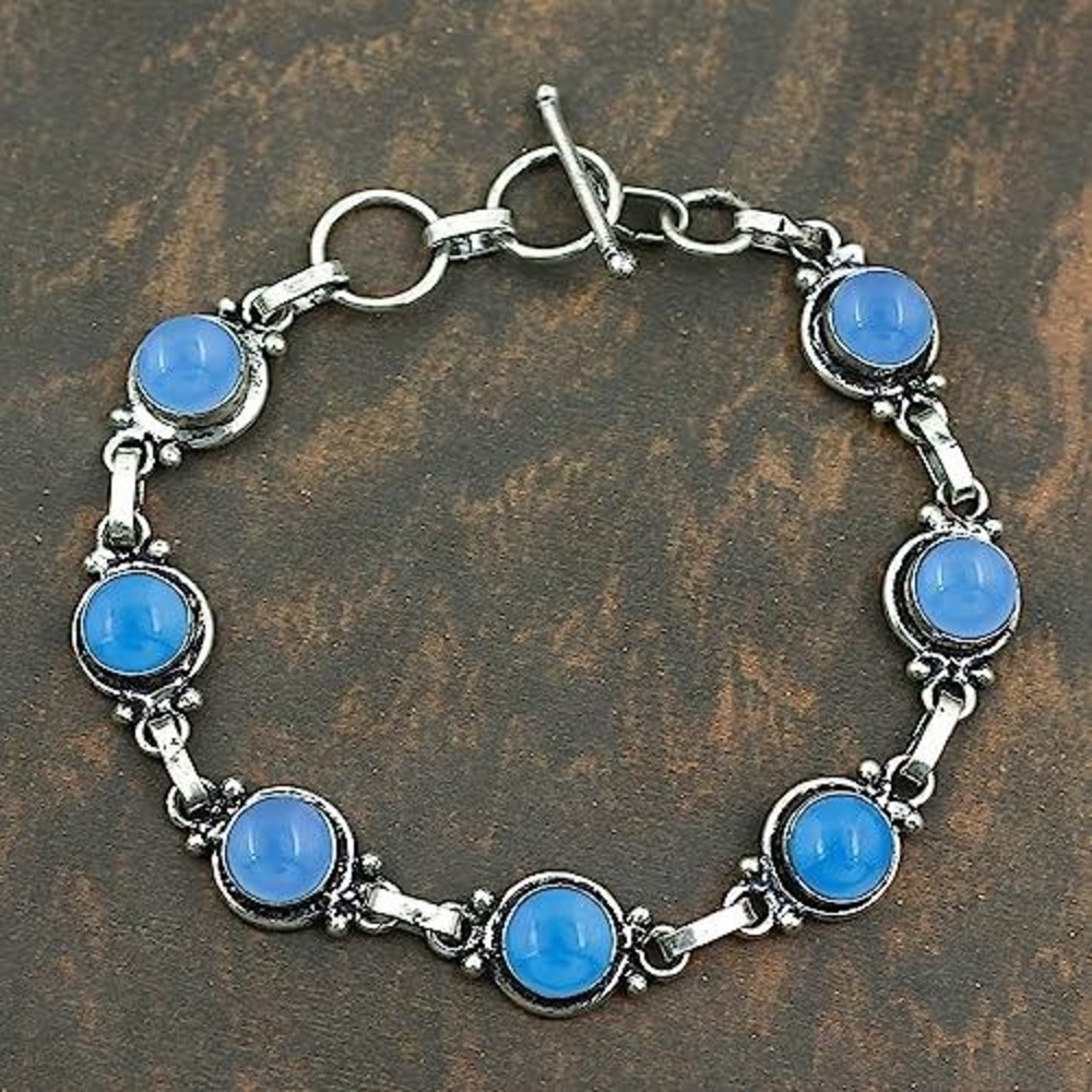 Blue Cabochon Silver Tone Link Bracelet Boho Vintage Style Toggle Clasp‎ New